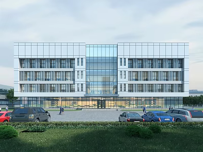 Modern Multi Storey Office Building With Glass Curtain Wall And Front Parking Lot 3d model