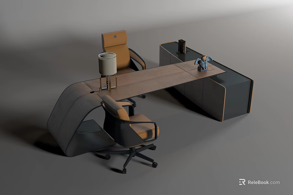 Modern Curved Office Desk With Wooden Top Table Lamp Decorative Sculpture And Chairs 3d model 
