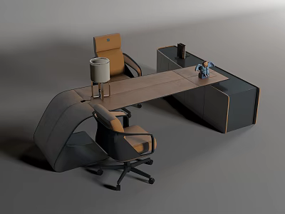 Modern Curved Office Desk With Wooden Top Table Lamp Decorative Sculpture And Chairs 3d model