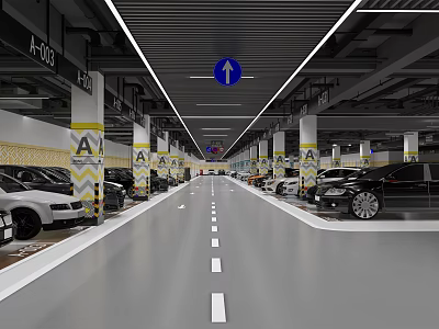 Underground Parking Garage With Parked Vehicles Directional Signs Columns Clear Lane Markings And Lighting 3d model