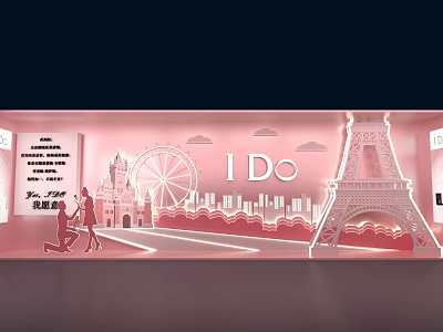 Pink Romantic Window Display with Eiffel Tower Ferris Wheel City Skyline Proposal and I Do 3d model
