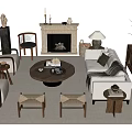 Cozy Living Room Sofa and Coffee Table Set with Fireplace Armchairs and Decorative Items