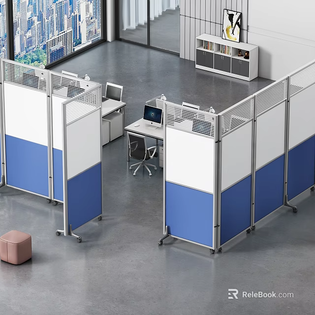 Modern Office Workspace With Blue White Movable Partitions Desks Computers And Storage Cabinets 3d model