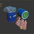 Blue Cylindrical Filters With Metal Fittings And Exposed Internal Components On Dark Surface