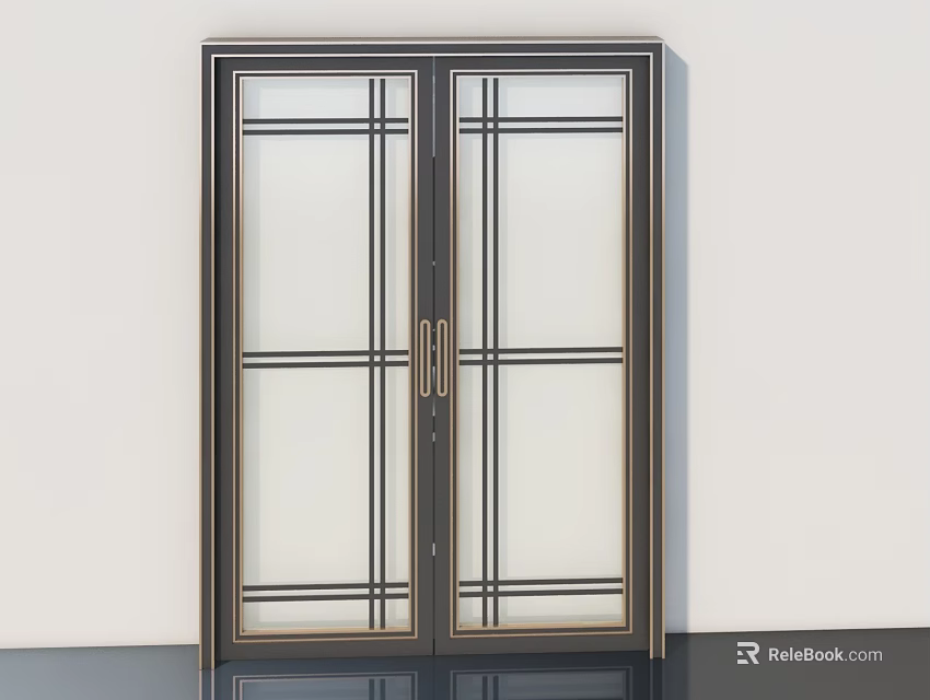Modern Double Door Wardrobe Featuring Glass Doors with Grid Pattern and Metal Frame 3d model