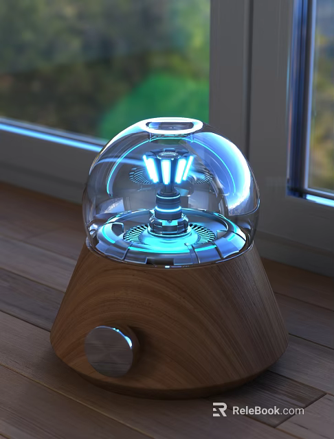 Modern Decorative Lamp With Transparent Glass Dome Blue Lighting And Wooden Base On Window Sill 3d model 