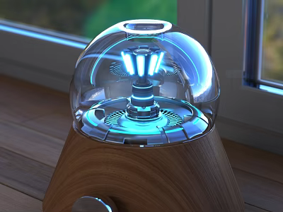 Modern Decorative Lamp With Transparent Glass Dome Blue Lighting And Wooden Base On Window Sill 3d model