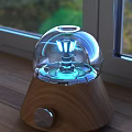 Modern Decorative Lamp With Transparent Glass Dome Blue Lighting And Wooden Base On Window Sill
