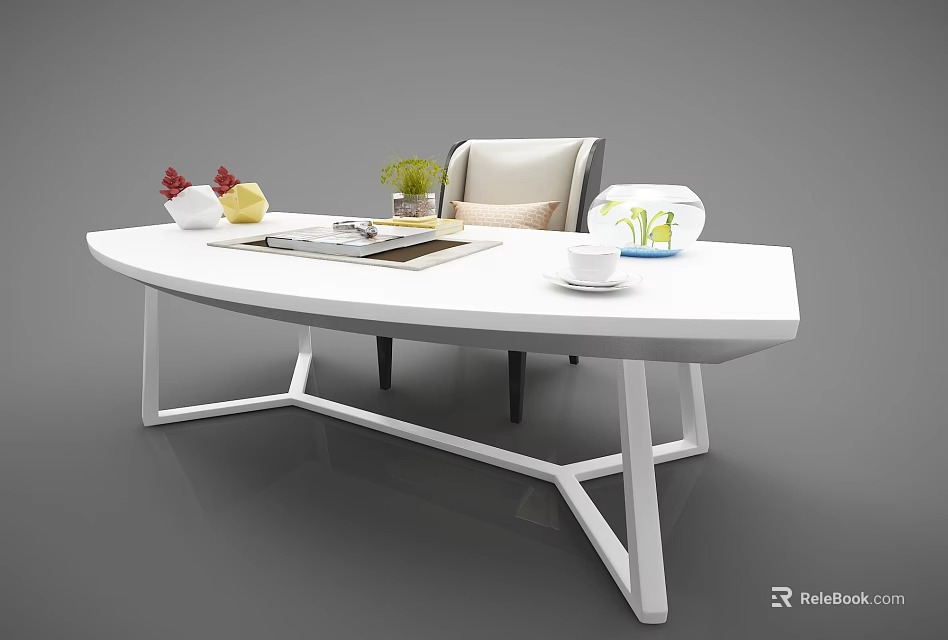 Modern White Curved Desk With Fruit Bowl Open Book Potted Plant And Accent Chair 3d model 