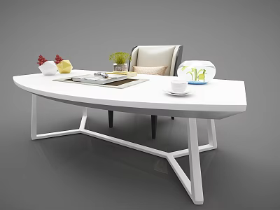 Modern White Curved Desk With Fruit Bowl Open Book Potted Plant And Accent Chair 3d model