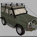 Green Military Style Off Road Vehicle With Roof Rack And Front Bumper Warning Stripes