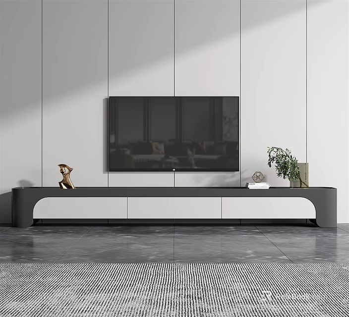 Modern Black And White TV Stand With Sculpture Vase And Plant On White Wall 3d model 