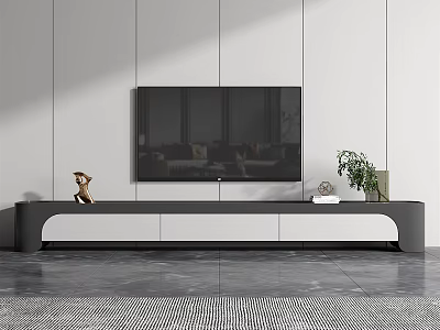 Modern Black And White TV Stand With Sculpture Vase And Plant On White Wall 3d model