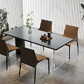 Modern Dining Table Set With Black Tabletop Brown Chairs And Plants Near Window Blinds