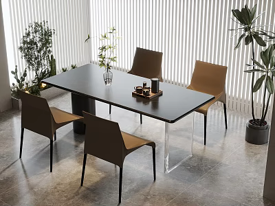 Modern Dining Table Set With Black Tabletop Brown Chairs And Plants Near Window Blinds 3d model