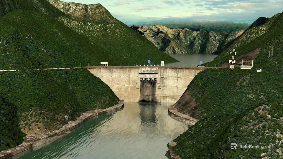 Massive Concrete Hydroelectric Dam Nestled In Lush Green Mountain Valley With Calm Clear Reservoir Water 3d model 