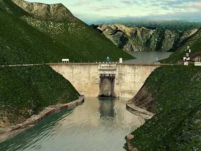 Massive Concrete Hydroelectric Dam Nestled In Lush Green Mountain Valley With Calm Clear Reservoir Water 3d model