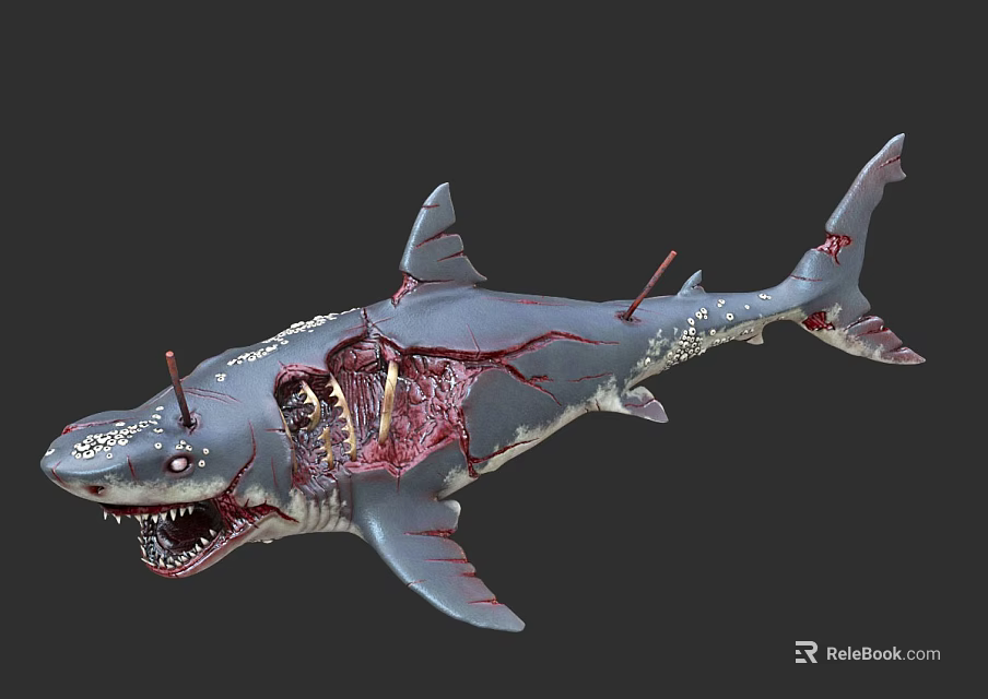 Realistic Damaged Shark 3D Model With Exposed Skeleton And Bloodstains 3d model 