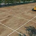 Outdoor Basketball Court With White Lines Yellow Dump Truck And Trees