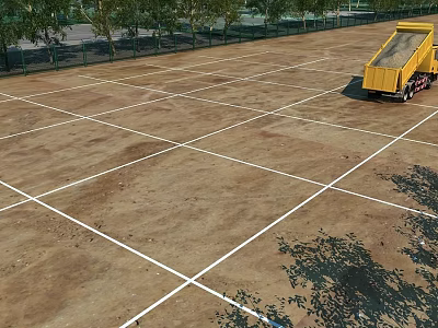 Outdoor Basketball Court With White Lines Yellow Dump Truck And Trees 3d model