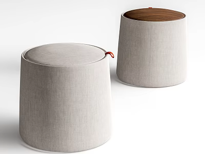 Two Modern Round Ottoman Stools with Gray Fabric Upholstery and Wooden Tops 3d model