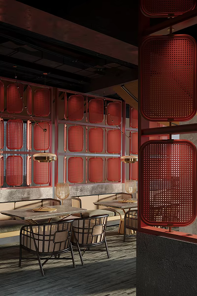 Hot Pot Restaurant Interior With Red Screens Furniture And Lighting 3d model