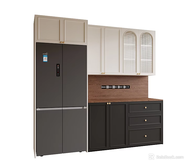 Modern Kitchen Sideboard With White Upper Cabinets Arched Glass Doors Dark Lower Cabinets And Drawers 3d model 