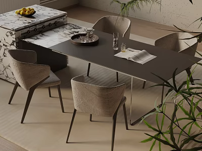 Modern Dining Table Set With Marble Top Metal Frame Fabric Chairs And Green Plants 3d model