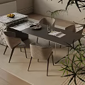 Modern Dining Table Set With Marble Top Metal Frame Fabric Chairs And Green Plants