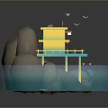 Colorful Water Boat Sailing Near Yellow Floating Hut With Seagulls And Aquatic Plants