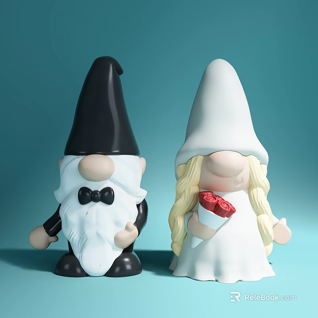 Gnome Decorative Dolls with Black White Hats Long White Beard Blonde Hair and Red Flower 3d model 