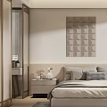 Modern Minimalist Bedroom Interior With Bedside Tables Decorative Painting Pendant Lights And Rug