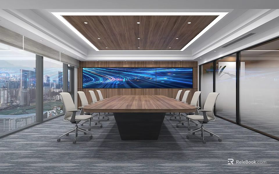 Modern Conference Room With Wooden Table White Chairs Large Digital Screens And City View Windows 3d model 