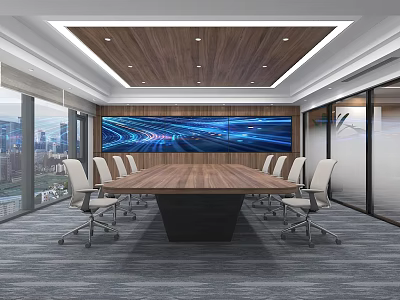 Modern Conference Room With Wooden Table White Chairs Large Digital Screens And City View Windows 3d model