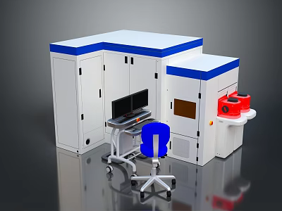 White Laboratory Workstation With Blue Trim Computer Blue Chair And Red Equipment 3d model