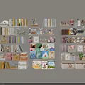 Colorful Books and Magazines on Wall Mounted Shelf with Small Ornaments Dolls and Plants
