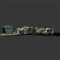Outdoor Grass Area With Wooden Pallet Piled With Stones And Green Plastic Bin
