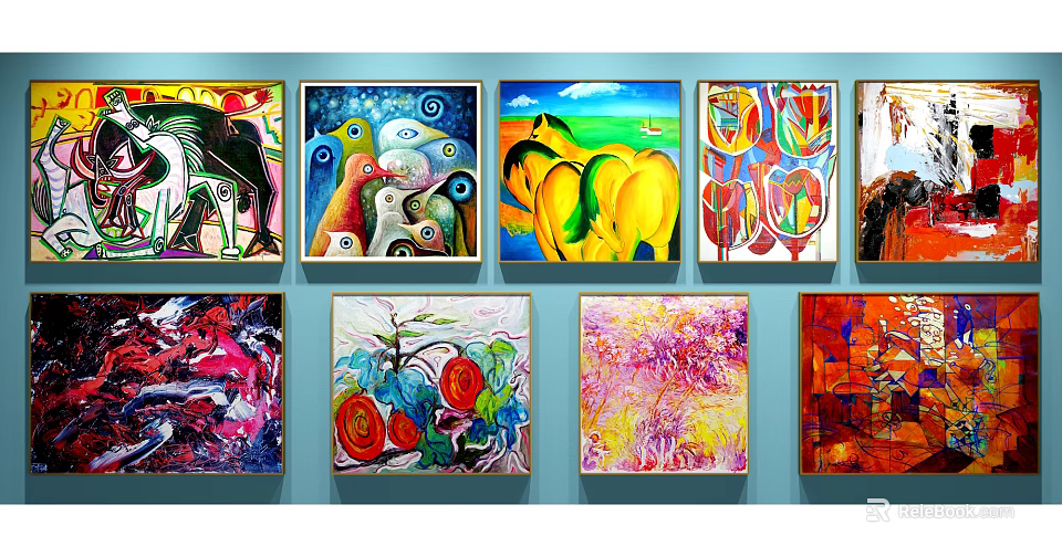 Abstract Paintings Collection on Blue Wall with Various Colors and Diverse Styles 3d model 