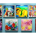 Abstract Paintings Collection on Blue Wall with Various Colors and Diverse Styles