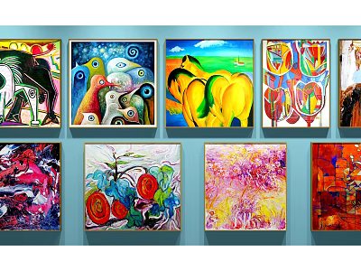 Abstract Paintings Collection on Blue Wall with Various Colors and Diverse Styles 3d model