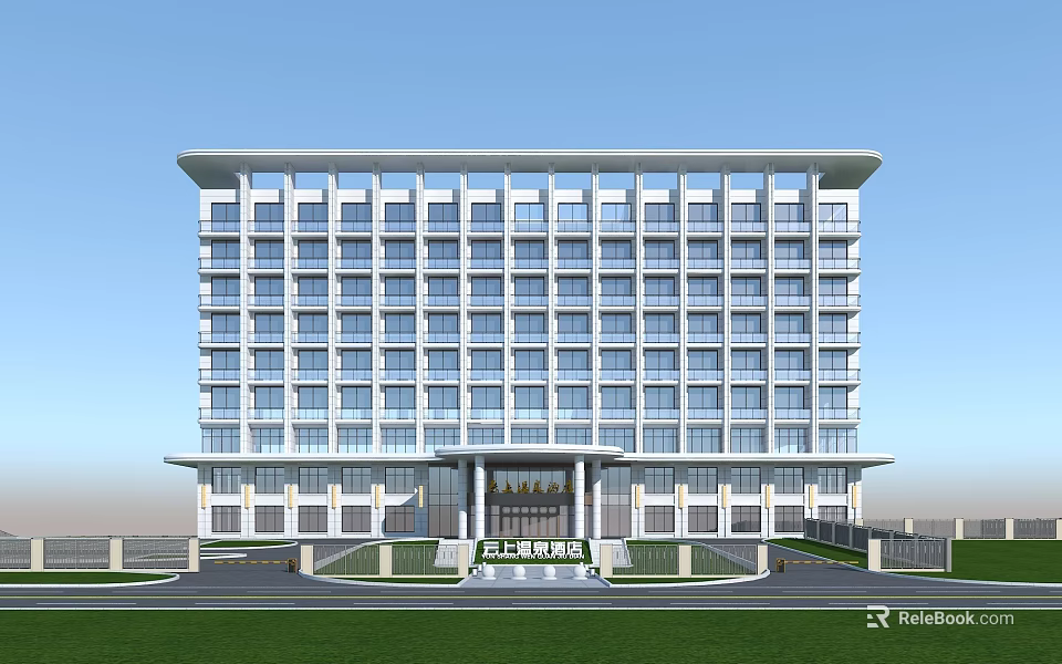 Modern Hotel Building With Glass Curtain Wall Multi Story Structure Front Entrance And Green Lawn 3d model 