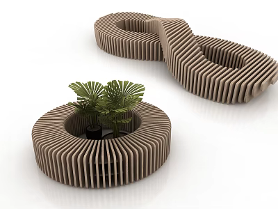 Modern Wooden Public Chairs With Striped Curved And Circular Design For Outdoor Park 3d model