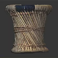 Handcrafted Woven Stool With Blue And Beige Patterned Top In Cylindrical Shape