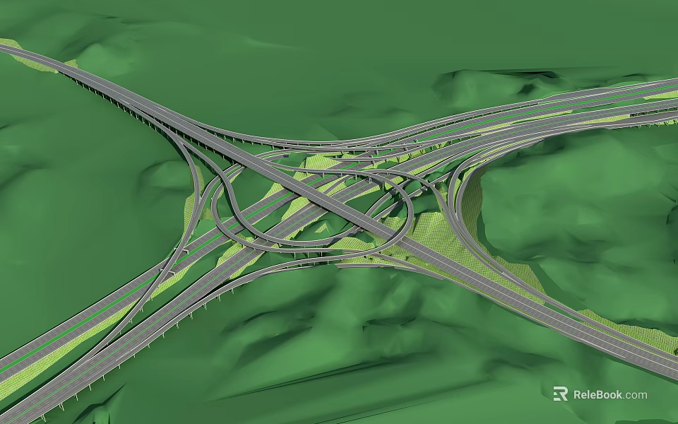 Complex Highway Interchange With Multiple Roads And Green Surrounding Landscape 3d model 