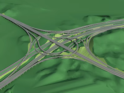 Complex Highway Interchange With Multiple Roads And Green Surrounding Landscape 3d model