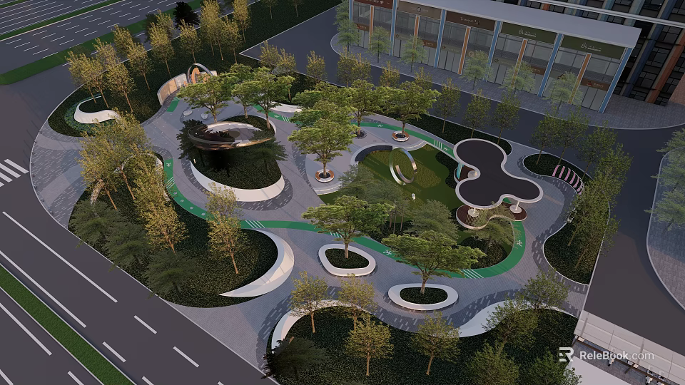 Modern Urban Landscape Garden With Curved Paths Green Lawns And Trees 3d model 