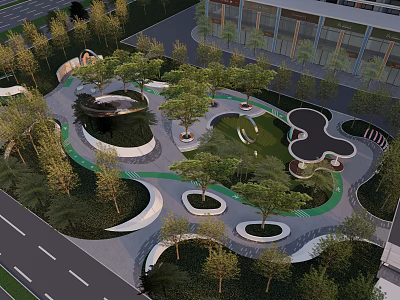 Modern Urban Landscape Garden With Curved Paths Green Lawns And Trees 3d model