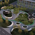 Modern Urban Landscape Garden With Curved Paths Green Lawns And Trees