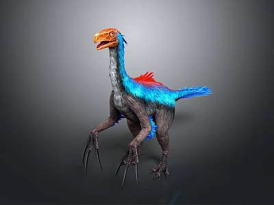 Vibrant Prehistoric Creature With Orange Head Blue Body Red Feathers And Long Claws 3d model