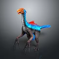 Vibrant Prehistoric Creature With Orange Head Blue Body Red Feathers And Long Claws